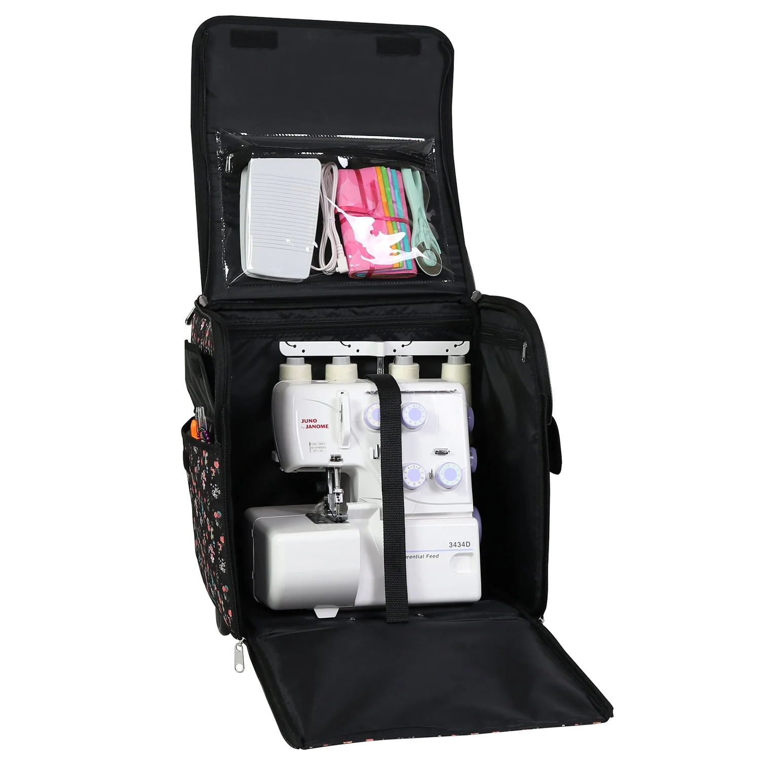 Collapsible Rolling Serger Machine Case, Black Floral - Image 5