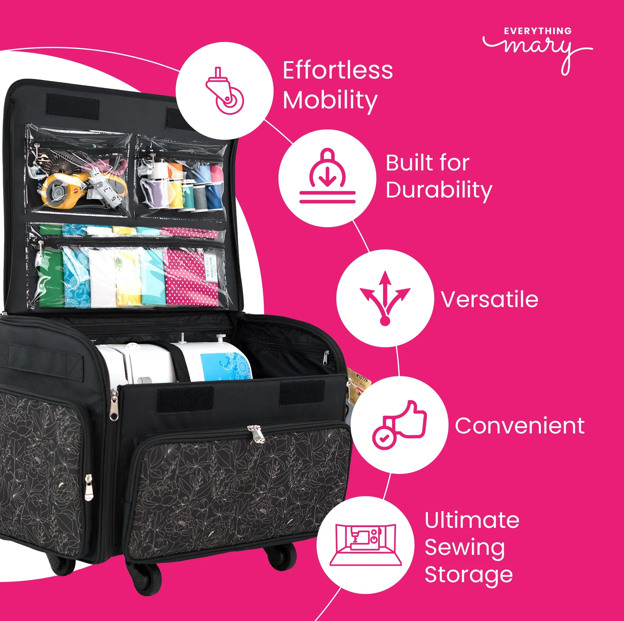 Everything Mary XL 4 Wheel Collapsible Rolling Sewing Machine Storage Case, Tan & Grey Floral - Image 3