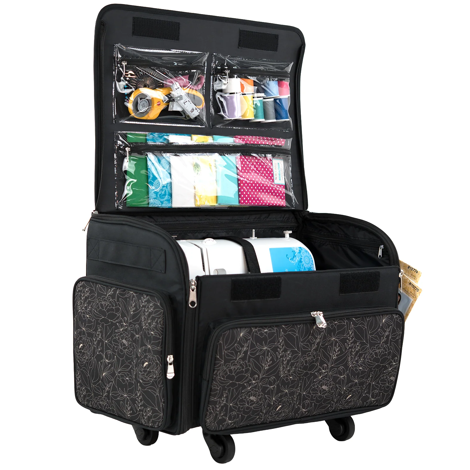 Everything Mary XL 4 Wheel Collapsible Rolling Sewing Machine Storage Case, Tan & Grey Floral - Image 8