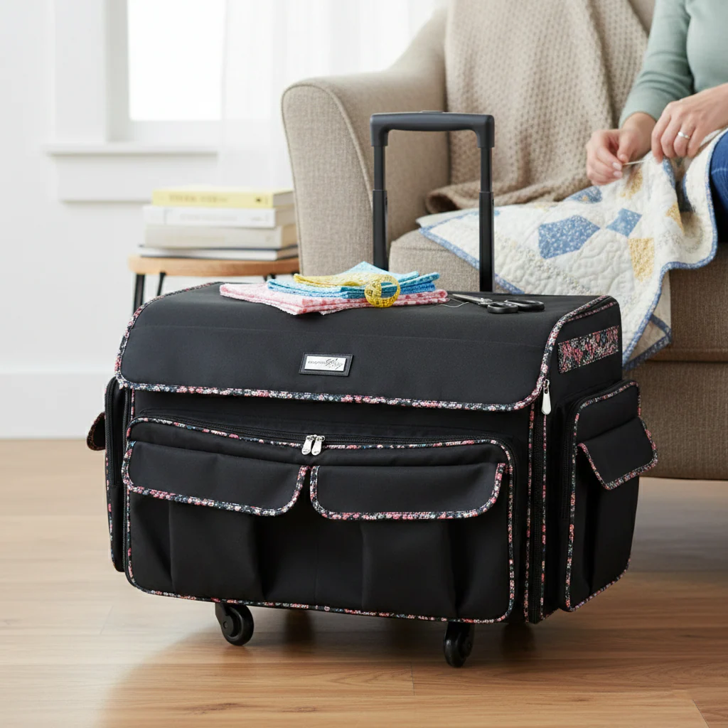 Everything Mary XXL 4 Wheel Collapsible Rolling Sewing Machine Storage Case, Black Floral - Image 2