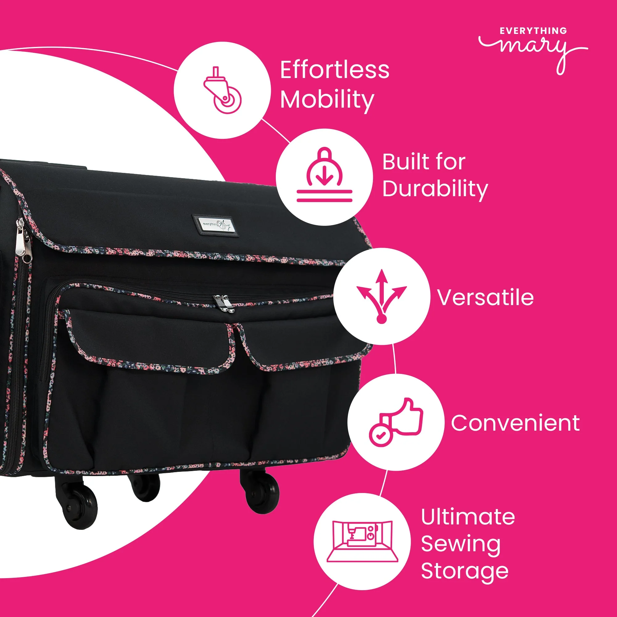 Everything Mary XXL 4 Wheel Collapsible Rolling Sewing Machine Storage Case, Black Floral - Image 4