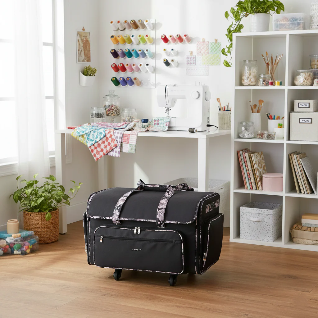Everything Mary XXL 4 Wheel Collapsible Rolling Sewing Machine Storage Case, Black & Floral Trim - Image 2