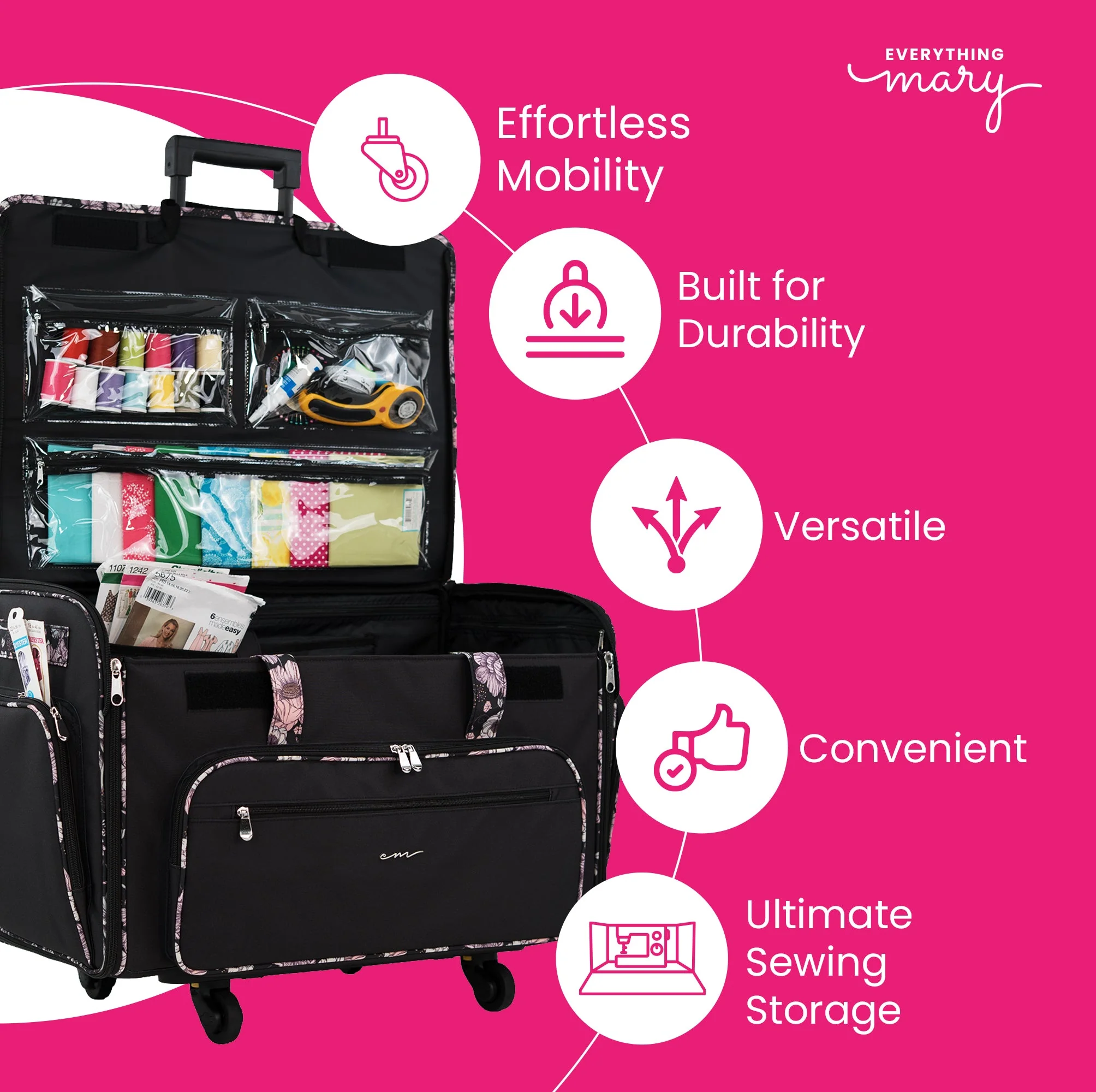 Everything Mary XXL 4 Wheel Collapsible Rolling Sewing Machine Storage Case, Black & Floral Trim - Image 3