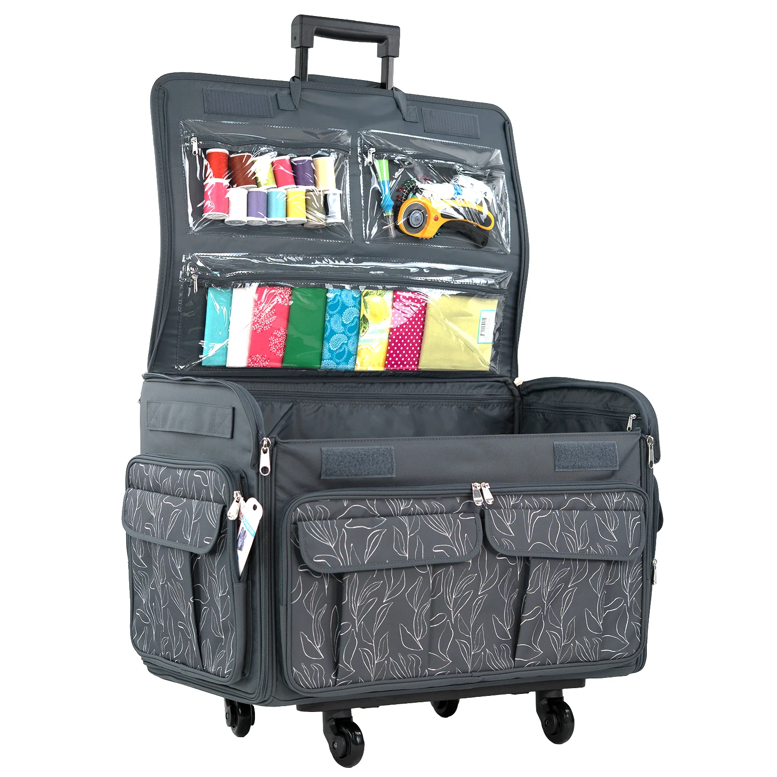 Everything Mary XXL 4 Wheel Collapsible Rolling Sewing Machine Storage Case, Grey Floral - Image 8