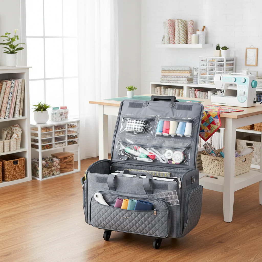 Everything Mary XXL 4 Wheel Collapsible Rolling Sewing Machine Storage Case, Grey Quilted - Image 2
