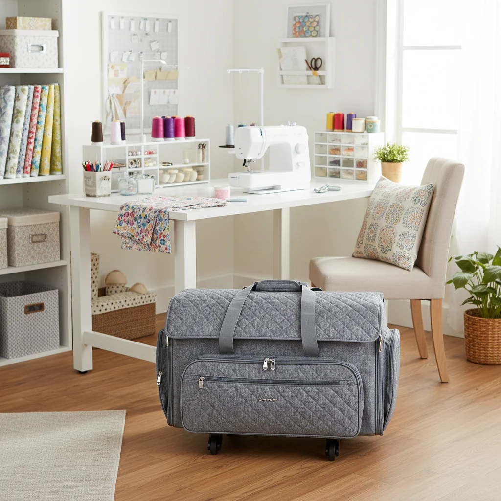Everything Mary XXL 4 Wheel Collapsible Rolling Sewing Machine Storage Case, Grey Quilted - Image 6
