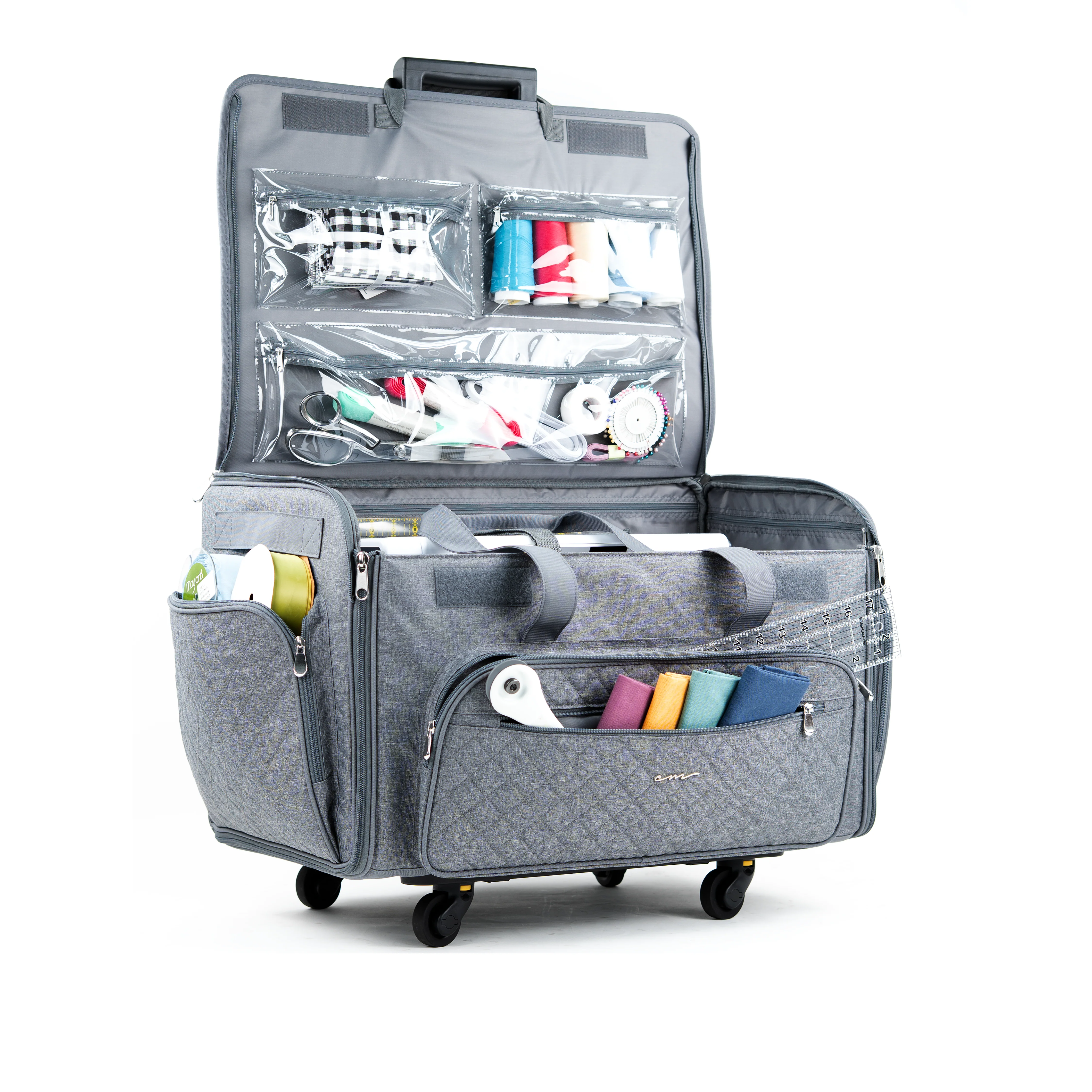 Everything Mary XXL 4 Wheel Collapsible Rolling Sewing Machine Storage Case, Grey Quilted - Image 9
