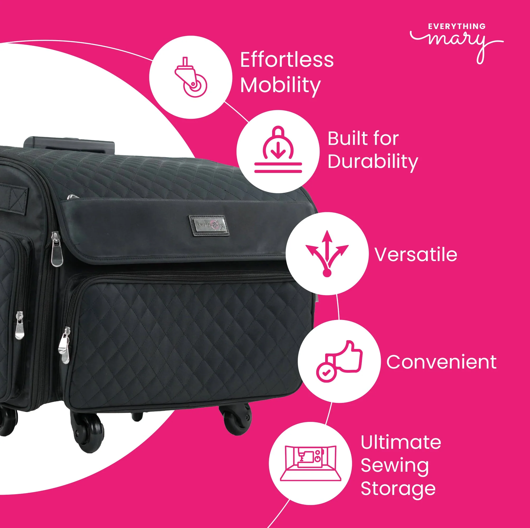 XL 4 Wheel Collapsible Deluxe Rolling Sewing Machine Storage Case, Black Quilted - Image 3