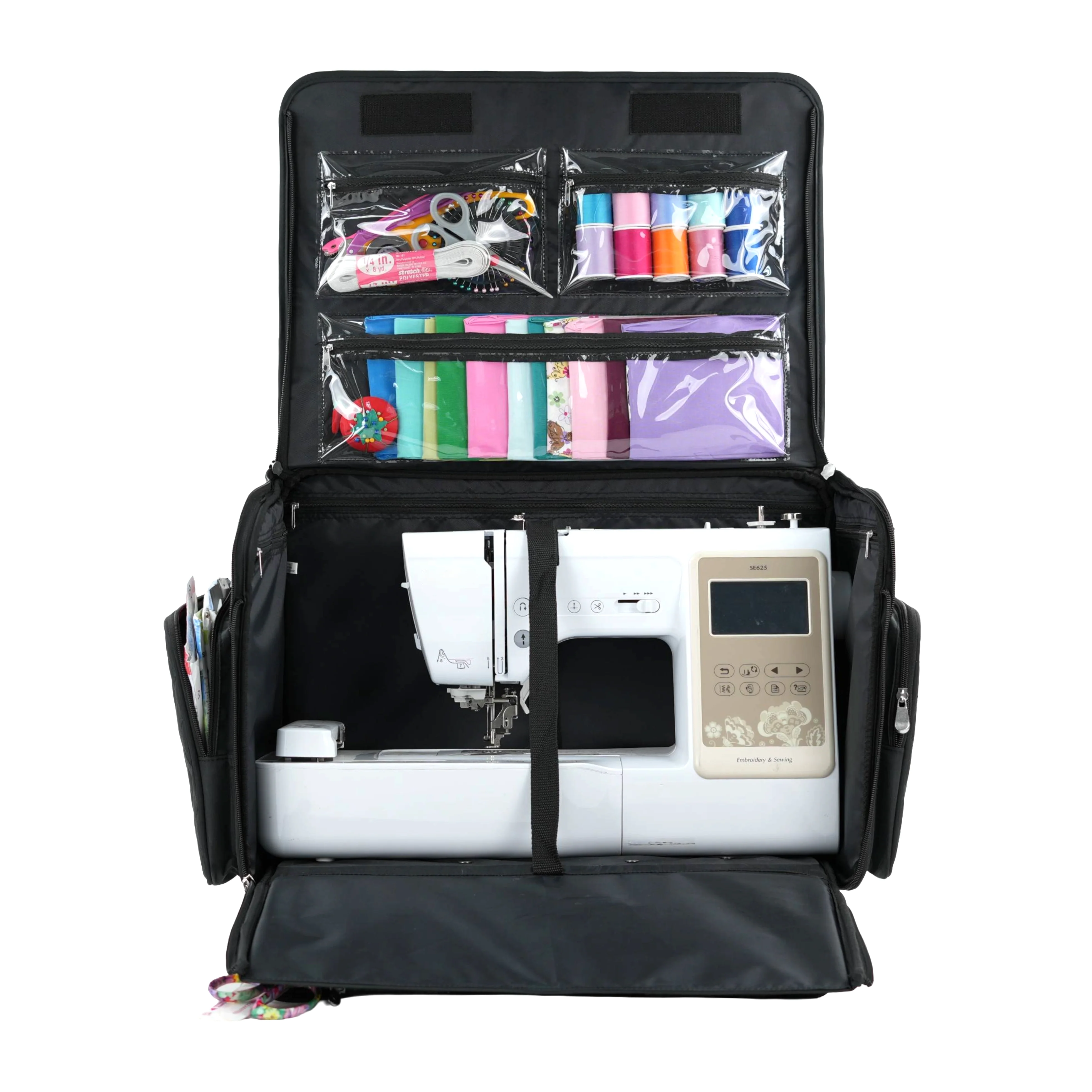 XL 4 Wheel Collapsible Deluxe Rolling Sewing Machine Storage Case, Black Quilted - Image 6