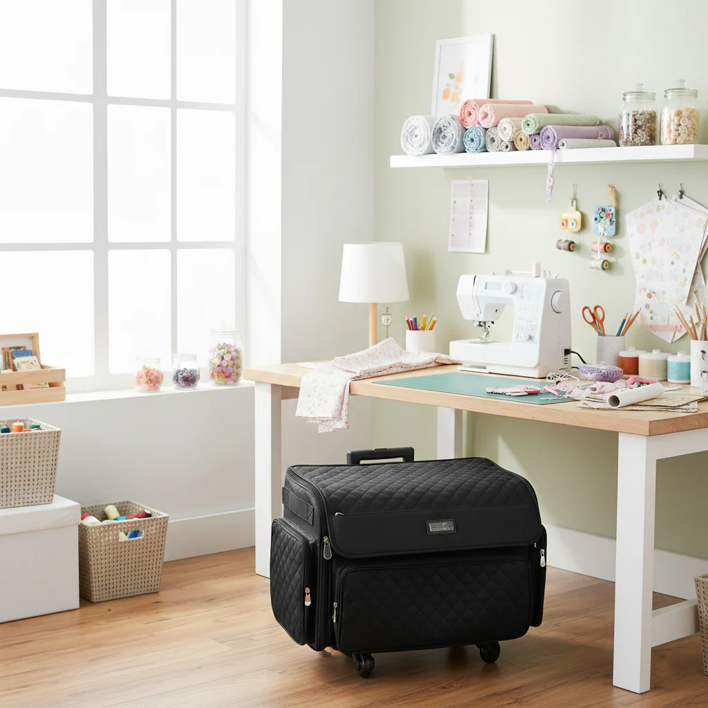 XL 4 Wheel Collapsible Deluxe Rolling Sewing Machine Storage Case, Black Quilted - Image 8
