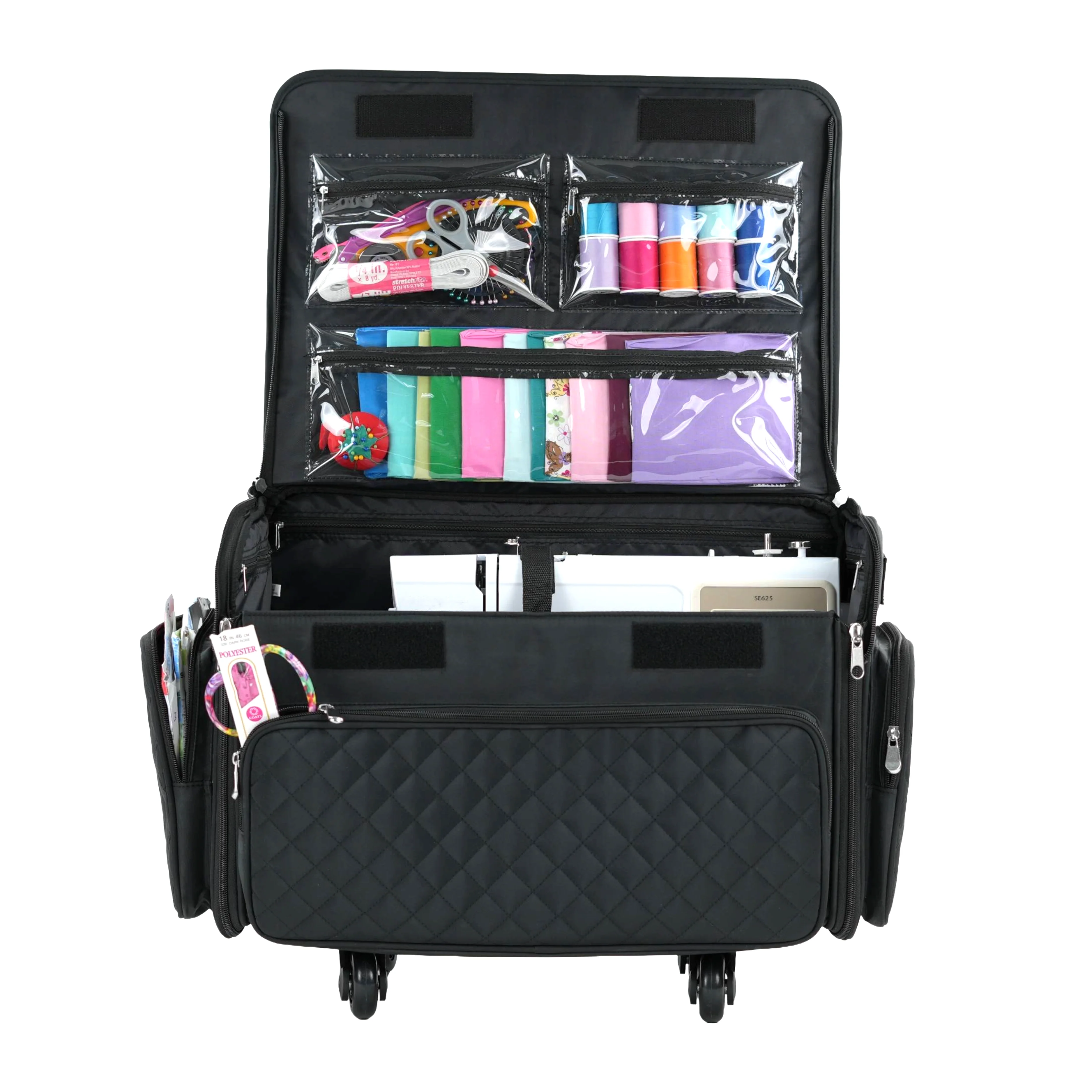 XL 4 Wheel Collapsible Deluxe Rolling Sewing Machine Storage Case, Black Quilted - Image 9