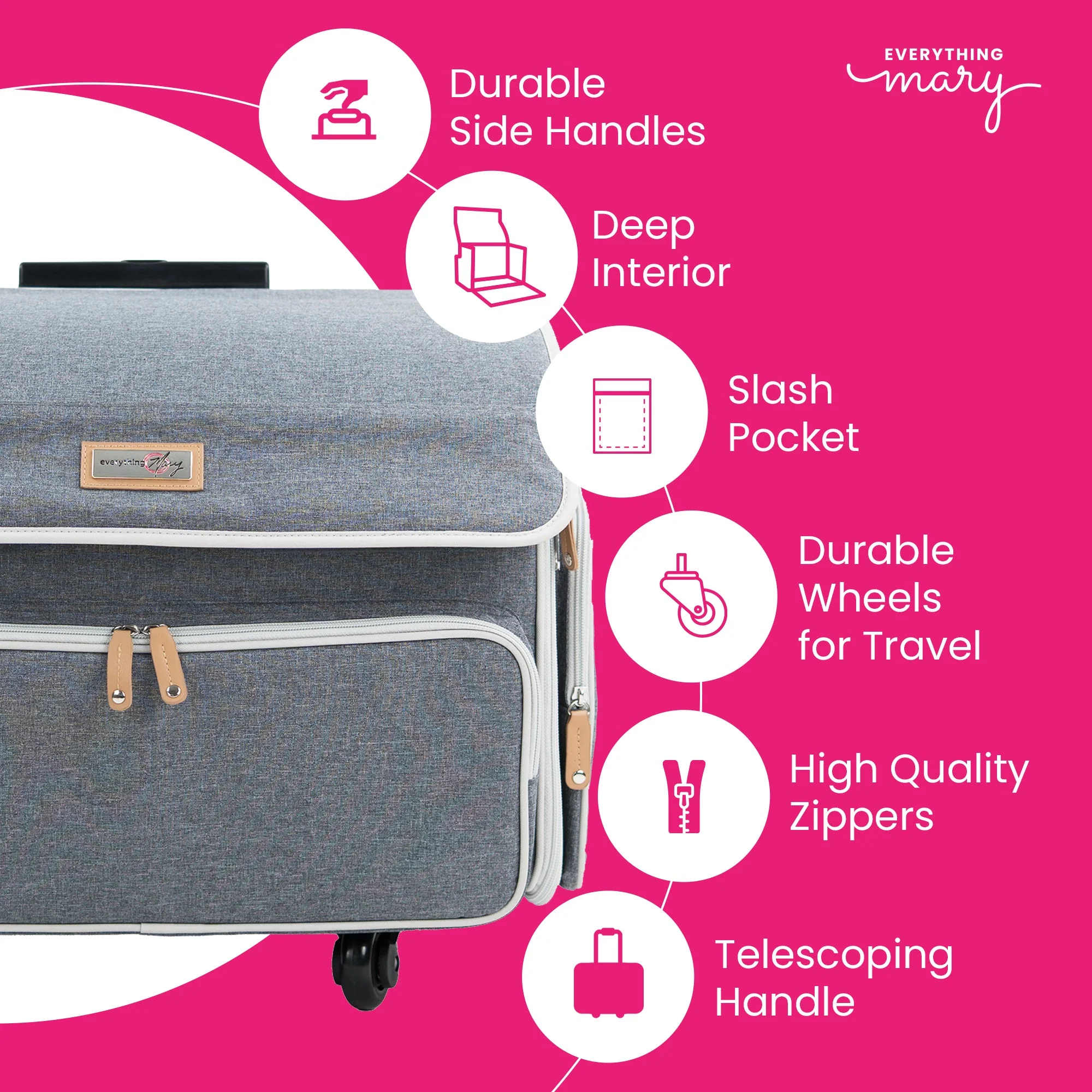 XL 4 Wheel Collapsible Deluxe Rolling Sewing Machine Storage Case, Heather Grey - Image 4