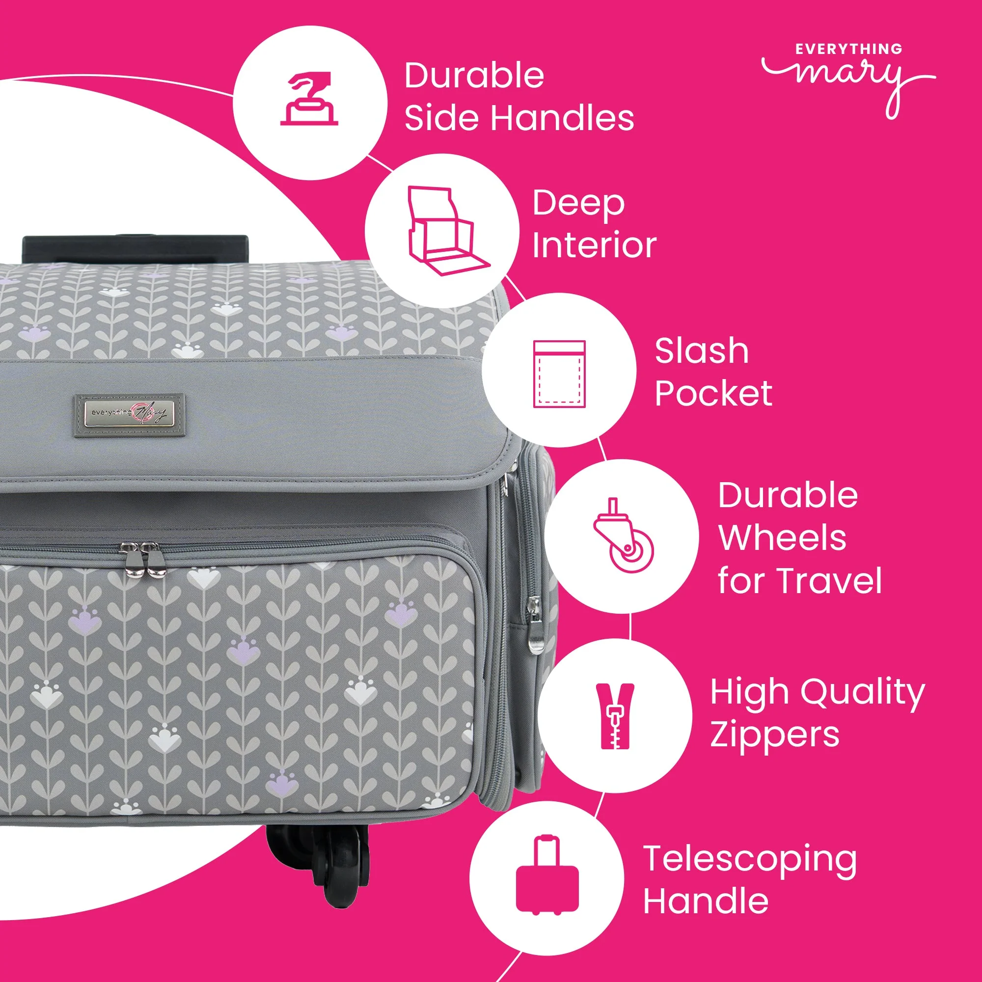 XL 4 Wheel Collapsible Deluxe Rolling Sewing Machine Storage Case, Purple Floral - Image 3