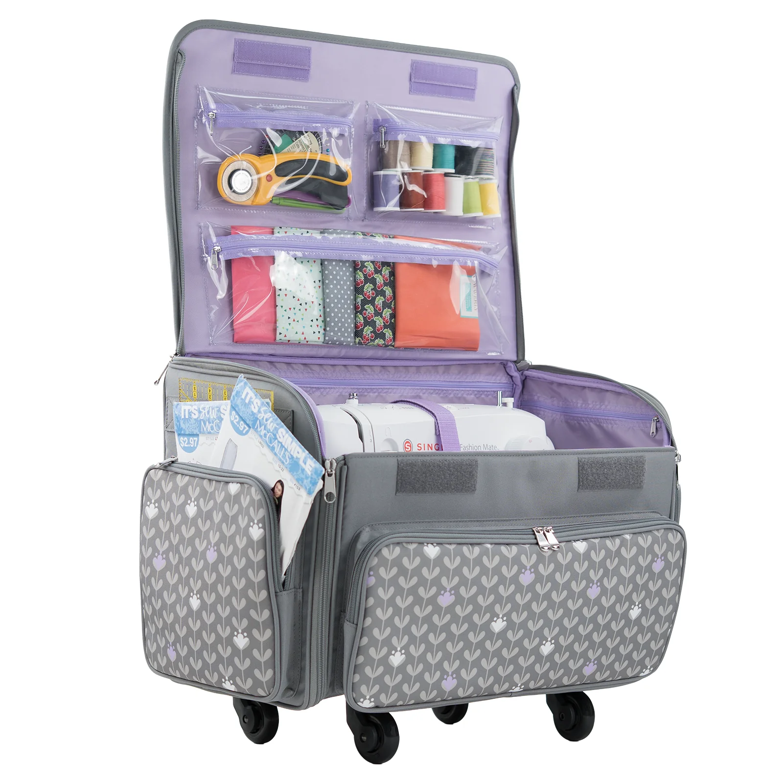 XL 4 Wheel Collapsible Deluxe Rolling Sewing Machine Storage Case, Purple Floral - Image 7